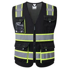 JKSafety JKSafety Hi Vis Reflective Safety Vests for Men Women High Visibility Vest with Pockets Mesh Fabric Construction Safety Apparel Neon Vest for Work (220-Black L)