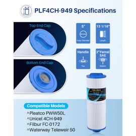 POOLPURE 4CH-949 Spa Filter Replaces Pleatco PWW50L, 200702, Cal Spa FIL50-5D13H15FCT-3, Filbur FC-0172, SD-01143, 817-4050, Waterway Teleweir 50, Rising Dragon 50, hot tubs filter cartridge 1 PACK
