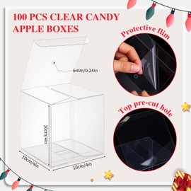 Leinuosen 100 Sets Clear Candy Apple Boxes Sets for Fall Harvest Clear Hot Chocolate Boxes with Hole Top Candy Apple Supplies for Wedding Birthday Party Baby Shower 4 x 4 x 4 Inches