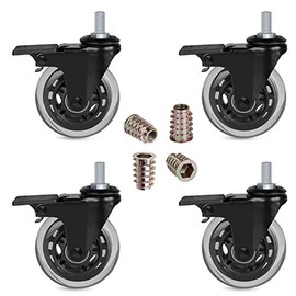 Hirate Threaded Stem Casters 3/8"-16UNC with Brake, Set of 4 Heavy Duty 3" Swivel Caster Wheels with Safety Locking for Workbench Trolley Carts with Furniture Screw Inserts