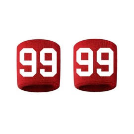 #99 Embroidered/Stitched Sweatband Wristband RED Sweat Band w/ WHITE Number (2 Pack)
