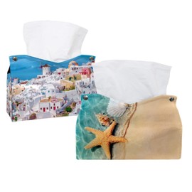 2 Pack Tissue Box Cover Holder, Summer Beach Starfish Seashell Rectangle Leather Tissue Case, Decorative Organizer for Tabletop, Bathroom, Car, Office