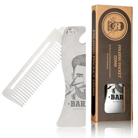 Peine de metal para cabello, barba y bigote, peine de bolsillo EDC plegable multifuncional con abridor de botellas, antiestático para viajes y peinado
