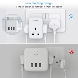 TESSAN Multi Plug Extension Socket with 3 USB, TESSAN 3 Way Plug Adapter UK, Multiplug Socket Adaptor with USB Wall Charger for Home, Office, School Supplies