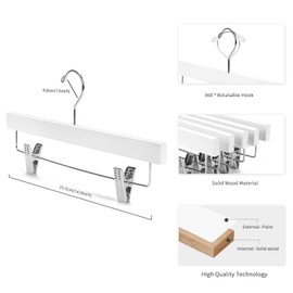Nature Smile Wooden Pants Hangers Wood Bottom Jeans Skirt Hanger with Clips Anti Rust Hook Pack of 10 (White)