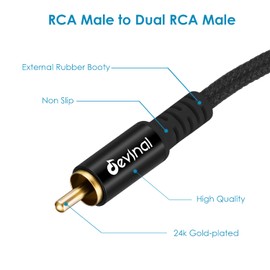 Devinal RCA Y Cable, RCA/Phono Y Splitter, RCA 1 Male to 2 Male Y Adapter, Male/Male Subwoofer Cable Gold Plated for subs/amps/Hi-Fis/Home Theater/receivers 16.5Feet/5M