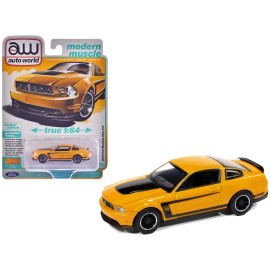 2012 Ford Mustang for Boss 302 Diecast Model DCD Series 1/64 Yellow Blaze Black Accents Modern Muscle Auto World