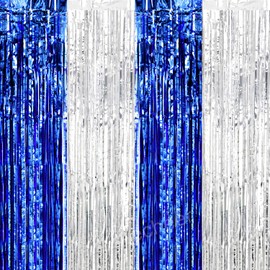 Lovecheer 4PCS Backdrops Curtains Blue and Silver Foil Fringe Party Streamers Cheer for Birthday New Year Christmas Party Cheerleader Tinsel Photo Background Decoration, 3.3 x 6.6ft