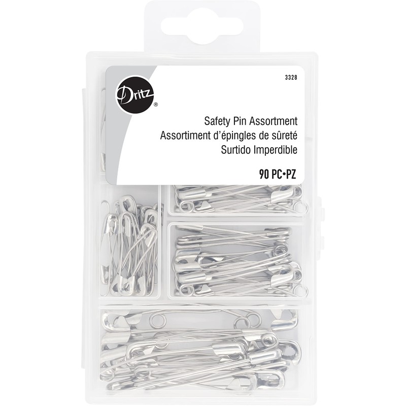 Dritz 3328 Curved Safety Pins, Assorted Sizes with Storage Box