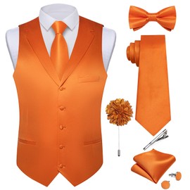 DiBanGu Formal Suit Vest Tie Set for Men Classic Solid Notch Lapel Dress Waistcoat Satin Vest Bowtie for Wedding Party, Burnt Orange, X-Large