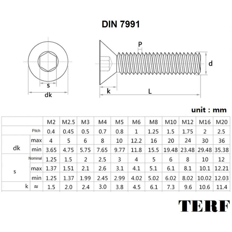 TERF® M4 X 50mm Hex Socket Countersunk Machine Screws Stainless