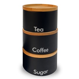 Top 3 Tea Coffee and Sugar canisters set | kitchen storage & organisation | pantry cupboard organiser | 3pc matching stackable airtight containers with bamboo lids