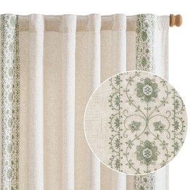 jinchan Lined Linen Curtains for Bedroom Sage Green Vintage Floral Farmhouse Curtains 63 Inch Length Linen Blend Curtains for Living Room Embroidered Drapes Rod Pocket Sage on Beige 2 Panels