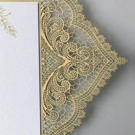 Picky Bride 1PCS Wedding Invitation Sample 5 x 7 inch Lasercut, Lace Gold Wedding Invitations with Envelopes for Wedding Party, Bridal Shower, Anniversary