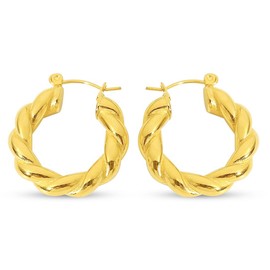Medium Twist Hoop Earrings 18ct Gold Plated Stainless Steel Lever Back Diameter 2.5cm Waterproof Tarnish Proof Hypoallergenic Women's
