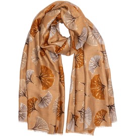 Caspar SC516 Women's Scarf with Stylish Ginko Leaf Print and Gold Accents, Cognac