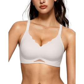 OEAK Womens Wireless Bras Scalloped Push Up Bralettes No Underwire Supportive Tshirt Bra Seamless Comfortable Everyday Bras White M