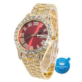 Halukakah Men's Diamond Gold Watch ● President ● 18K Real Gold Plated/Platinum White Gold-Plated 42 mm Wide Green/Blue/Red Bracelet with Lab Diamonds 24 cm, Cuban Link Chain 20 + 45 cm, Includes Gift