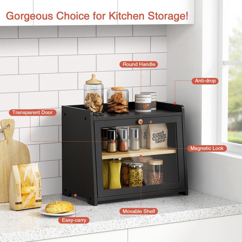 Goozii Black Bread Box for Kitchen Countertop, Large Bread Storage