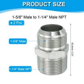 PATIKIL Hex Reducing Nipple Connectors Pipe Adapter 1-5/8" Male 37° Flare JIC x 1-1/4" Male NPT, 2 Pack Pipe Fitting Reducer Nipple Adapter Plated Steel Hydraulic Fitting