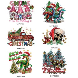 6 Pcs Christmas Iron On Transfer Decals for T-Shirts Pink Santa Claus Christmas Trees Iron On Patches Cute Dinosaur Elk Heat Transfer Vinyl HTV Iron On Stickers for Clothing Bag DIY Xmas Decoration
