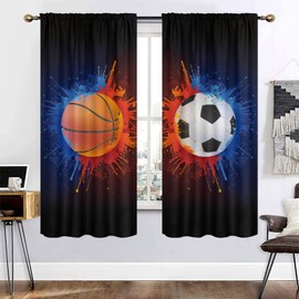 XING7DAY - Cortinas de pelota de fútbol de baloncesto, 42 x 63 pulgadas, bolsillo para barra de deportes rojo y azul, cortinas de ventana para niños, recámara, cuarto de bebé, sala de juegos, 2