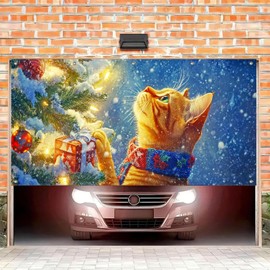 HOMETITUTE Adorable Christmas Garage Door Banner 13x6ft Festive Holiday Backdrop Decoration Cute Cat with Tree and Presents Photo Prop Background for Joyful Outdoor Display Party Supplies