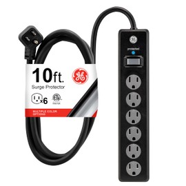 GE 6-Outlet Surge Protector, 10 Ft Extension Cord, Power Strip, 600 Joules, Twist-to-Close Safety Covers, Protected Indicator Light, UL Listed, Black, 37442