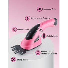 Lichamp 2-in-1 Electric Hand Held Grass Shear Pink Hedge Trimmer Shrubbery Clipper Cordless Battery Powered Rechargeable for Garden and Lawn, CGS3601PK Pink