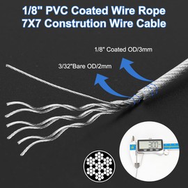 Hannger 1/8" Wire Rope Kit, 50FT PVC Coated Steel Cable with Tensioner, Garden Plant Support, Clothesline, String Light Cable, Stair Handrail, Ground Anchors