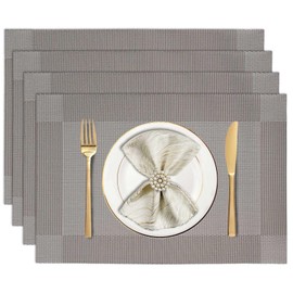 Placemats Set of 4, Vinyl Woven Place Mats, Non-Slip Double-Sided Wipeable Table Mats for Kitchen Dining Restaurant Camping, 12 x 18 Inch, Silver Gray