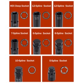 Lug Nut Socket Set, 8PC SAE & Metric Wheel Lock Removal Key Kit for Spline And Spike Lug Nuts, Locking Lug Nut Removal Tool for Aftermarket & Factory Wheels, High Strength CR-V Steel Material