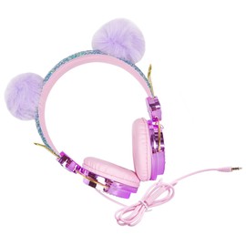 TEHAUX Rhinestone Headphones with Fuzzy Ball Design Over Ear Headset for Head Beam Volume Control for Hearing Protection Soft Earmuffs for Comfort
