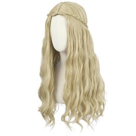 yuehong Long Curly Blonde Wavy 70s Hippie Wig Princess Queen Costume Hair Heat Resistant Synthetic Fibers Durable Breathable Wig