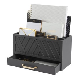 BLU MONACO | Grey Three-Tier Desktop Mail Organizer with Gold Label Holders & Drawer | Stylish Mail Holder and Countertop Document Storage for Home or Office