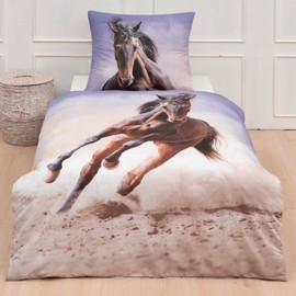 MTOnlinehandel Horse Bed Linen Set 135 x 200 cm Teenage Horse Motif Pillowcase 80 x 80 cm + Duvet Cover 135 x 200 cm 100% Cotton Girls' Bed Linen Boys Bedding