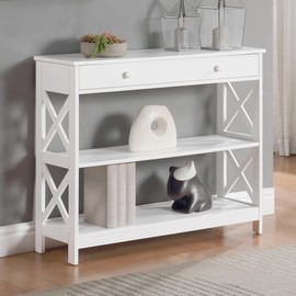 Convenience Concepts Oxford 1-Drawer Console Table 39.5" - Farmhouse Sofa Display with Storage Shelf For Living, Family, & Dining Room, Modern Entryway Hall Table for Kitchen, Bedroom, White