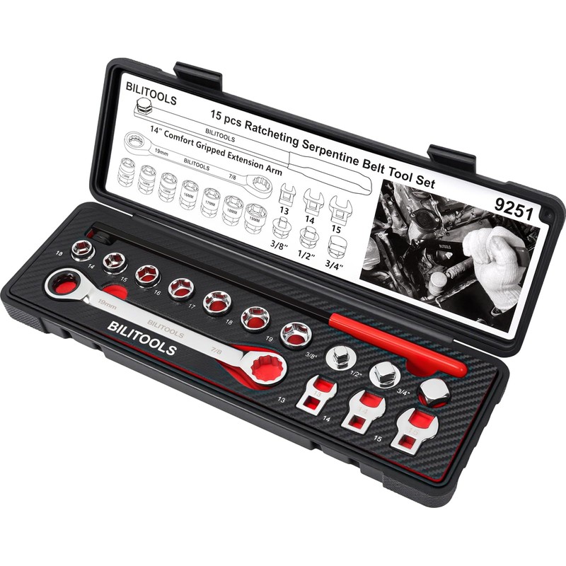 BILITOOLS 15-Piece Universal Serpentine Belt Tool Set,Belt Tensioner Tool Kit