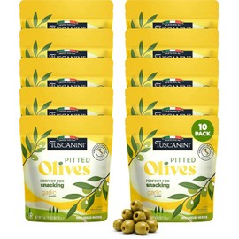 Tuscanini Aceitunas italianas con sabor a ajo, 1 onza (paquete de 10) bolsas de aceitunas sin hueso para aperitivos, sin aceite, sin gluten, veganas, para viajes, picnics y aperitivos de oficina