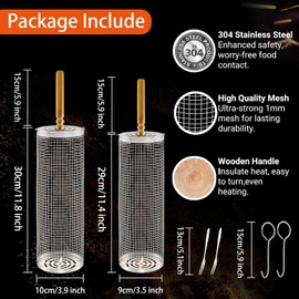 Gerbala Rolling Grill Basket for Outdoor Barbecue, Nesting Grill Baskets, Pack of 2 with Removable Wooden Handles for Camping, Picnic, BBQ, 304 Stainless Steel Barbecue Tools Cages Set for Vegetables
