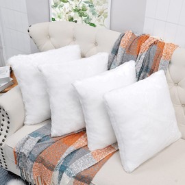BYTIDE Faux Fur Decorative Square Throw Pillow Covers 20 x 20 Inches Set of 4, Plush Fluffy Fuzzy Soft Luxury Cushion Case Pillowcase for Couch Bed Car Bedroom Living Room, Bright White