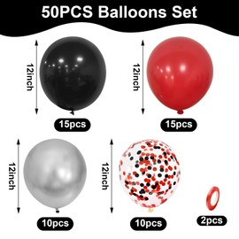 Unisun Black and Red Balloons, 50Pcs 12Inch Metallic Silver Red Black Balloons Men Boys Birthday Wedding Baby Shower Anniversary Retirement Prom Graduation Bachelor Casino Poker Theme Party Decora