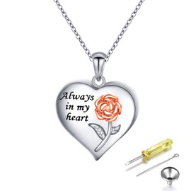 Cremation Jewelry 925 Sterling Silver Heart with Rose Flower Memorial Urn Ashes Keepsake Cylinder Necklace Pendant Engraved Always in my heart