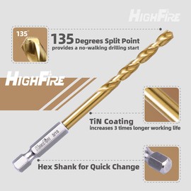 HIGHFIRE 10 Pieces Hex Shank Drill Bit Set for Impact Driver, HSS Twist Titanium Drill Bits for Metal, Hex Drive Quick Change Drill Bits Set…