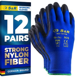 S&R Work Gloves – 12 Pairs, Nylon with PU Coating, Size XL/10 – Protective Gloves for Private & Commercial Use