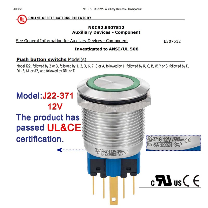 22mm Latching Push Button Switch 12V DC/AC Power Switch SPDT