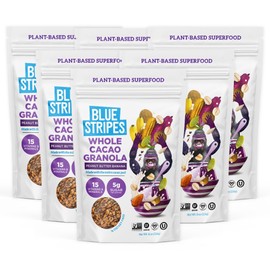 Blue Stripes Whole Cacao Granola - Gluten Free Dark Chocolate Granola for Cereal, Oatmeal, Yogurt, 5g Protein Per Serving, Source of Fiber, Vegan, Low Sugar - Peanut Butter Banana, 8 oz (6 Pack)