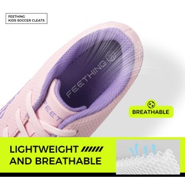 FEETHING Kids Soccer Cleats for Boys/Girls Youth Lightweight Football Shoes for Firm Ground Non-Slip Athletic Cleats for Little Big Kids, Pink, 3.5 Big Kid