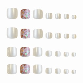 BABALAL Press on Toe Nails Pearl White Chrome Fake Toenails with Flower Design Acrylic False Toenails 24Pcs Thick Stick on for Women Girls Summer Diy Full Cover Gel Tip Art