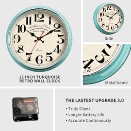 HYJOOY Countryside Wall Clock Metal 12.4" Vintage Retro Wall Clocks Silent Non Ticking Easy to Read for Living Room, Kitchen, Bedroom, Office, Bar(12.4" Turquoise)